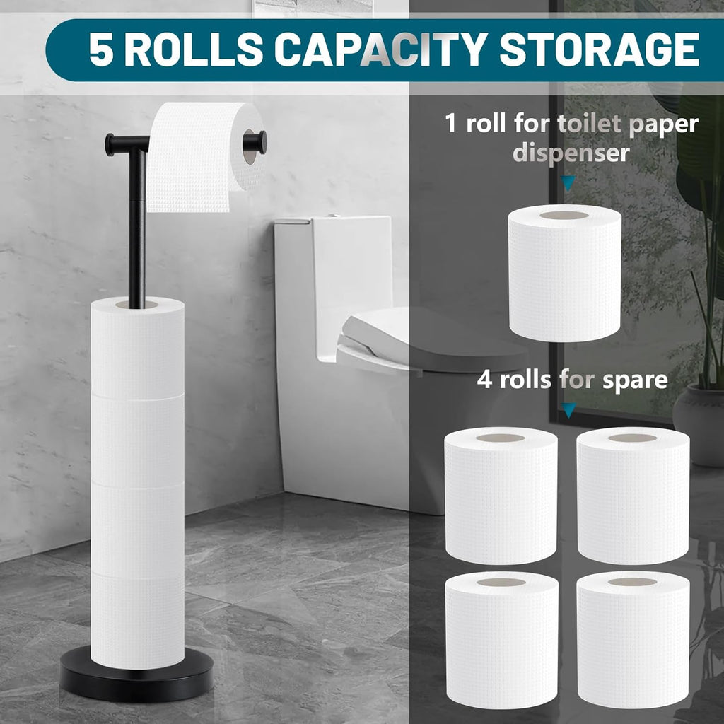 Skiennix Toilet Paper Holder - Free Standing Design with Stable Weighted Base | Rustproof Black Finish