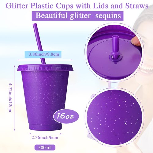 Potchen 72 Pcs Glitter Reusable Tumbler with Straws and Lids, Plastic Cup with Lids and Straws Bulk, Water Bottle Iced Coffee Cold Drink Travel Mug, Colorful Cups for Party Birthdays