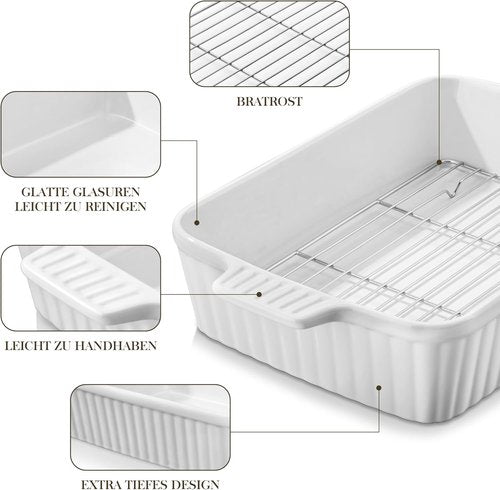 MALACASA 4.4 QT Baking Dish - Durable Ceramic Casserole Pan with Rack | 9x13 Rectangular Lasagna Dish, White