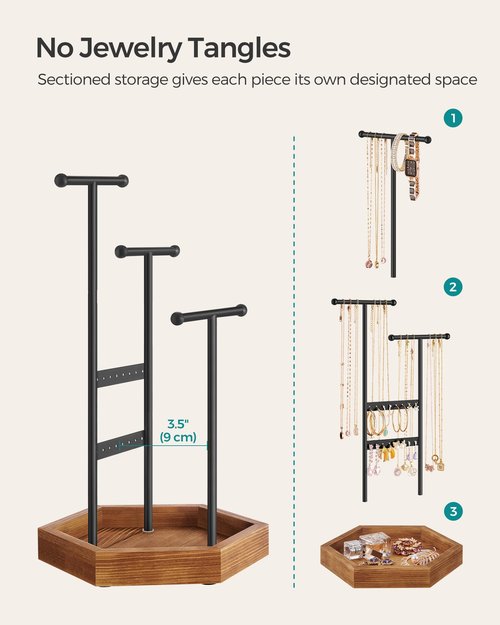 SONGMICS Jewelry Holder, Jewelry Organizer, 3 Tiers and 1 Tray, Jewelry Display Stand with Metal Frame, Necklace Earring Bracelet Holder, for Rings, Ink Black and Caramel Brown UJJS03CB
