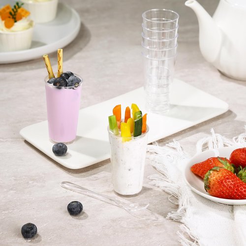 Eupako 3 oz Plastic Dessert Shooter Cups with Spoons - 100 Pack Mini Clear Round Appetizer Cup Shot Glasses, Small Dessert Cups for Jello Shots, Parfait, Puddings, Mousse, Parfait