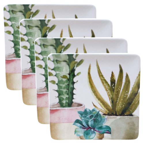Cactus Verde 10.5" Square Dinner Plates, Set of 4 – Ceramic Southwestern Dinnerware with Watercolor Succulents – Durable Microwave Safe Plates for Everyday Meals and Entertaining