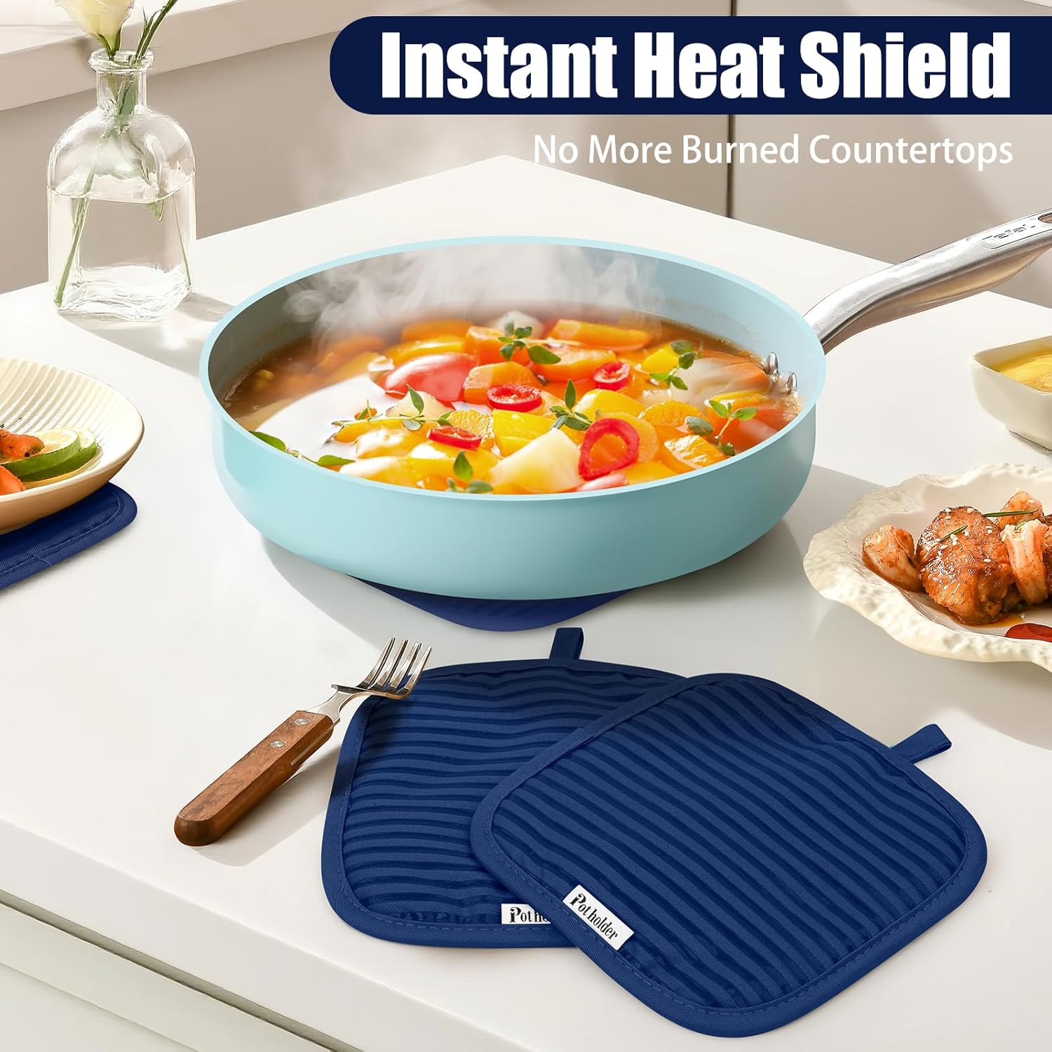 Skiennix Oven Mitts and Pot Holder Set - 500°F Heat Resistant Silicone Grip | 6 Pack Dish Towels - Marine Blue Kitchen Essentials