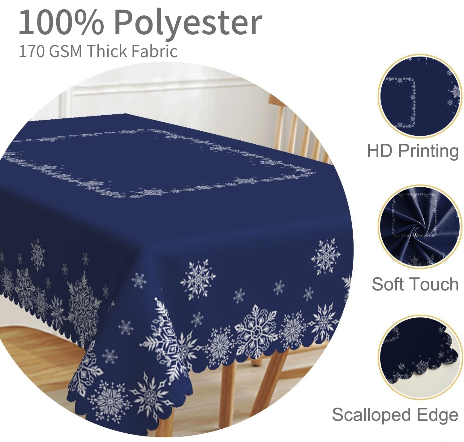 TTQYFNM 52x70inches Christmas Tablecloth Navy Blue and White Snowflakes Decorative Table Cloth Washable and Reusable Fabric Table Cover for Kitchen Dining Winter Holiday Xmas New Year Party Decor