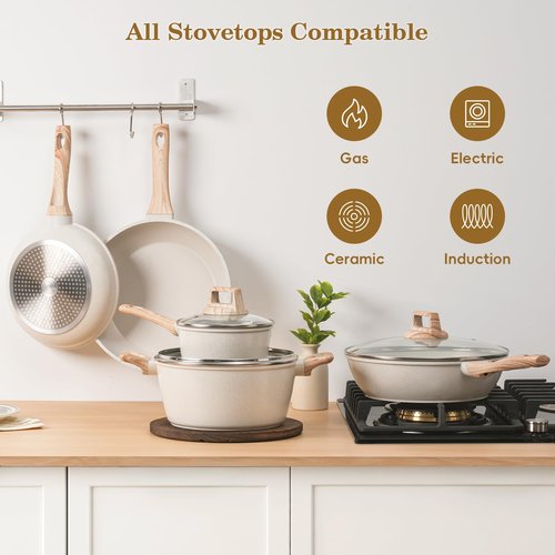 SODAY 12 Pcs Pots and Pans Set Non Stick, Cookware Sets White Granite Induction Cookware, Non-toxic Healthy Nonstick Kitchen Cooking Set with Frying Pan Set, Saucepans (PFAS/PFOA/PFOS Free)