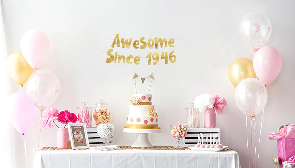 Awesome Since 1946 Gold Glitter Banner - Funny 80th Birthday Decorations for Men & Women