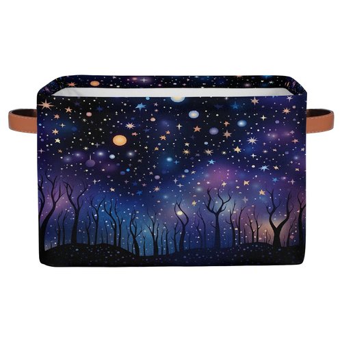 HSYOYO Galaxy Night Forest Storage Basket with Handles Collapsible Storage Bins Rectangular Toy Storage Organizer Box Fabric Shelf Baskets for Nursery Bedroom Bathroom 1PC