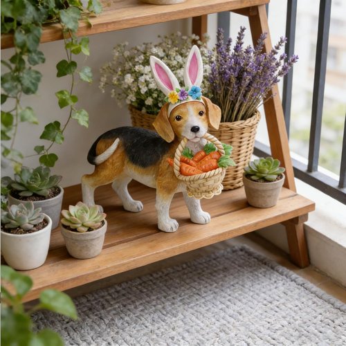 Cynkeyee Dog Garden Statue - Adorable Beagle Puppy with Bunny Ears & Carrot Basket | 11.5x4x10.5 Inch Indoor/Outdoor Decor