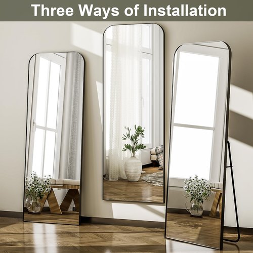 HARRITPURE 57"x20" Full Length Mirror, Black Rounded Corner Aluminum Frame Standing Mirror, Hanging/Leaning Wall Floor Mirror with Stand for Living Room Bedroom Cloakroom