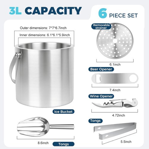 3L Ice Buckets for Parties 6PC Set, Stainless Steel Double-Wall Insulated Ice Bucket with Lid, Scoop, Tongs, Beer & Wine Opener – Ideal for Cocktail Bar, Outdoor Events & Keeps Ice Frozen Longer