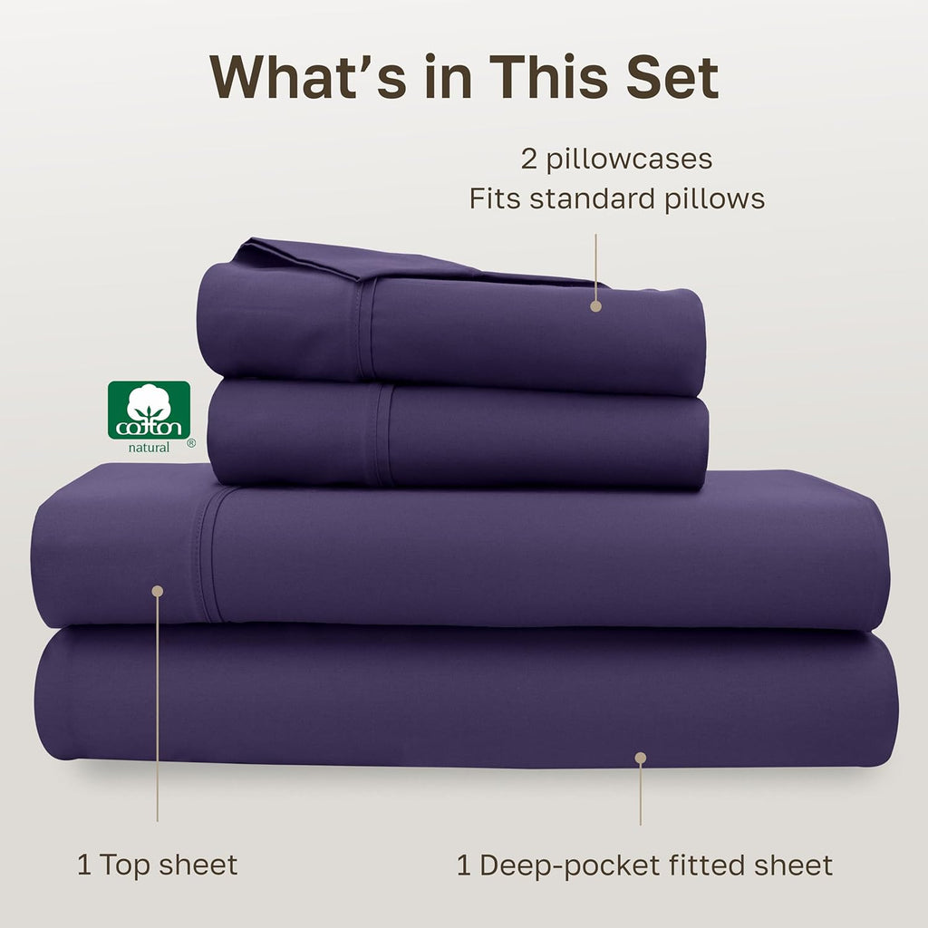 California Design Den Full Size Cotton Sheet Set - 400 TC Silky Smooth Sateen Weave, Deep Pockets - Purple