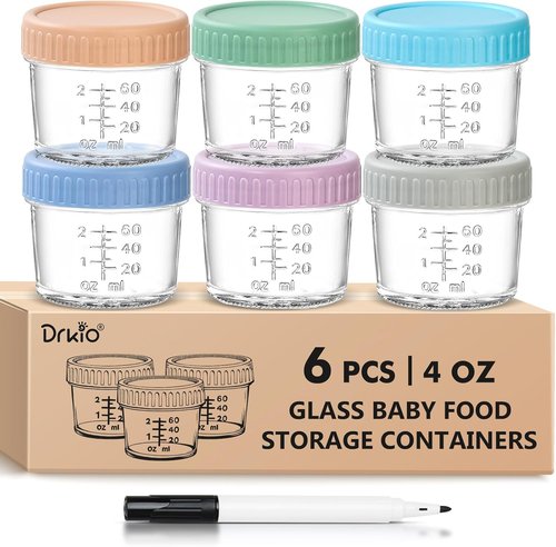 DRKIO 6 Pack Glass Baby Food Storage Containers - 4 Oz Leak Proof Jars with Lids | Microwave & Dishwasher Safe