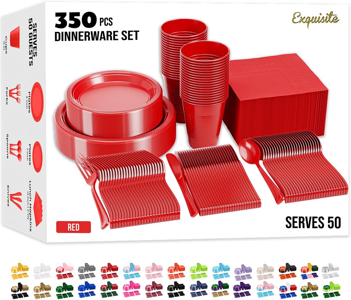 Regine Switzerland 350 Pcs Red Plastic Plates Set - Disposable Dinnerware with Cups & Cutlery | 9" & 7" Sizes