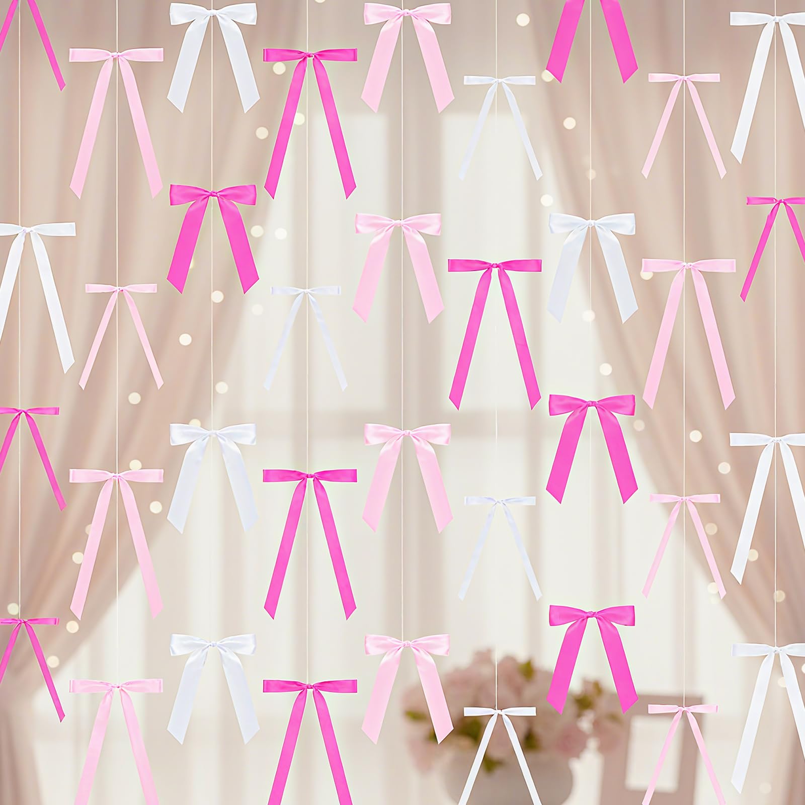Suncalla 60 Pcs Bow Wall Decor, DIY Bows Party Decorations, Satin Ribbon Bow Garland Photo Backdrop for Birthday Baby Shower Bridal Shower Bachelorette Wedding Party Decor(Pink Series)