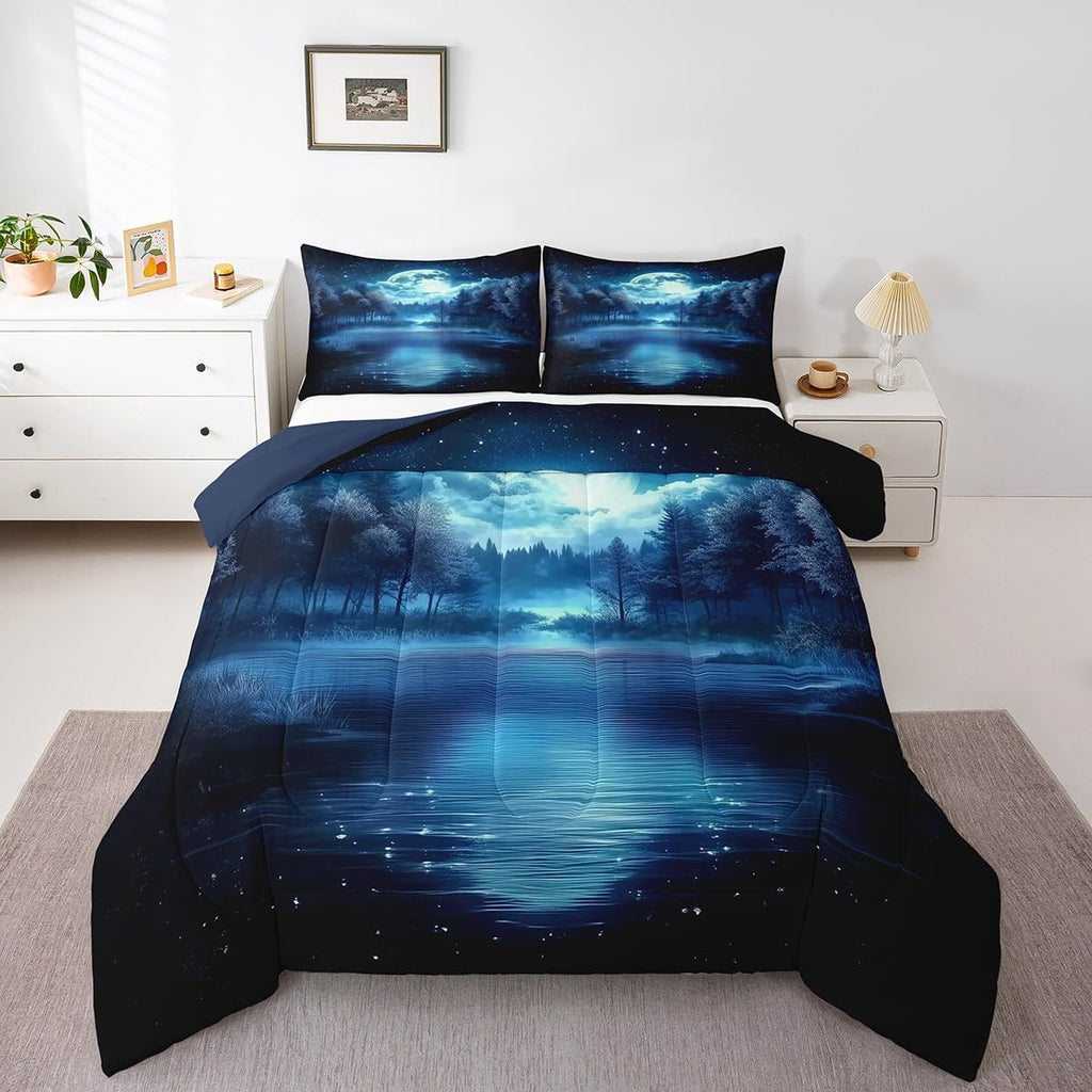 jejeloiu Moon Tree Lake Comforter Set King Size Kids Natural Scenery Bedding Set for Boys Girls Teens Starry Night Sky Comforter Breathable Nature Duvet Set Room Decor Quilt Set