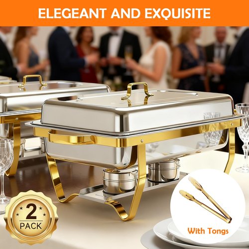 Also GO Chafing Dishes for Buffet Gold 2 Pack, 9QT Large Chafing Dish Buffet Set with 2 Serving Tongs, Rectangular Full Size Chafing Pan, Buffet Food Warmer for Christmas Parties & Catering