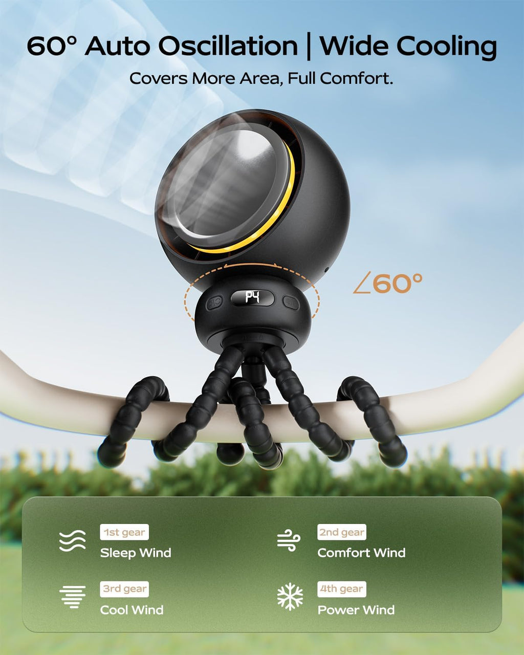 Skiennix Mini Portable Stroller Fan - 60° Auto Oscillation, USB-C Rechargeable, 4 Speeds, Night Light & Flexible Tripod (Black)