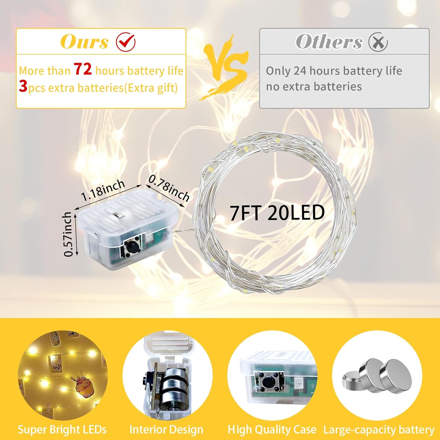 Yellow Fairy Lights - 7Ft 20 LED Twinkle String Lights | Battery Operated & Waterproof for Festive Decor