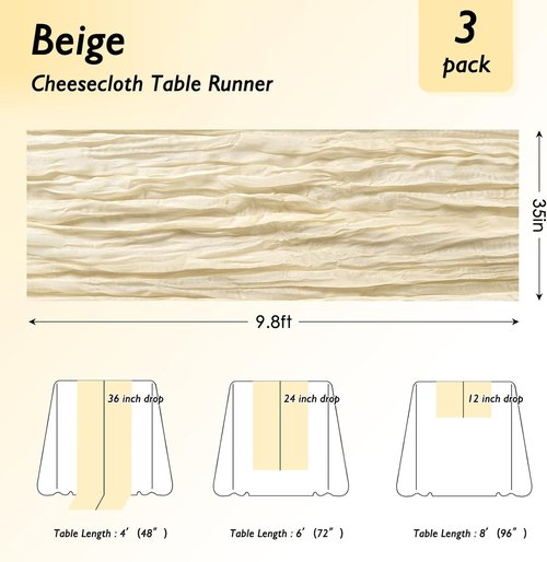 Fixwal Cream Beige Cheesecloth Table Runner - 35x120 Inch | 10 FT Boho Gauze for Weddings & Events