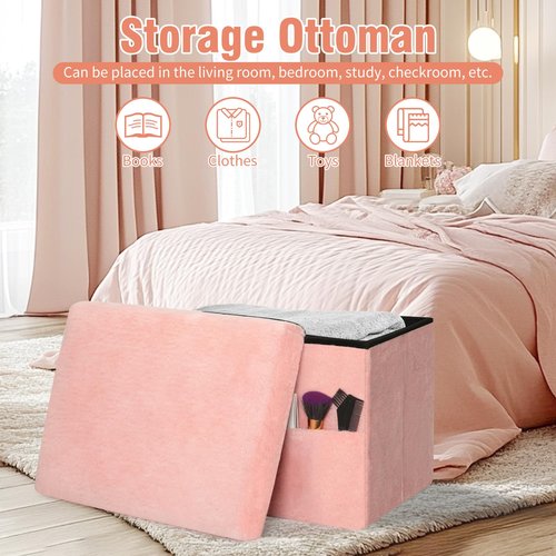 FaiPue Storage Ottoman, Folding Ottoman Foot Rest Stool with Thicker Furry Padded Seat. Soft Fur Small Ottoman Bench with Storage for Bedroom Living Room, Holds Up to 300 lbs, 17x13x13IN (Pink)
