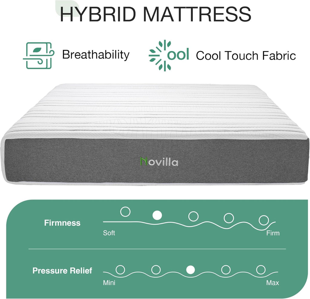 Novilla 12 Inch Queen Mattress - Advanced Cooling Gel Memory Foam with Charcoal Support Layer for Medium-Firm Comfort