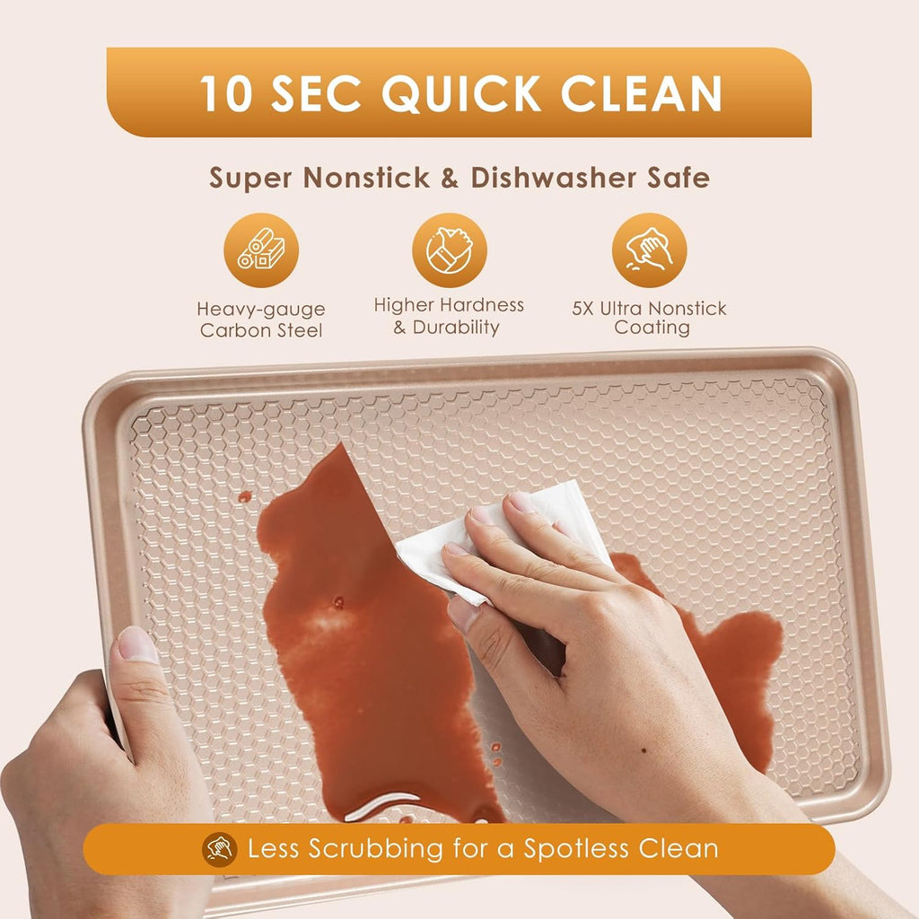 Skiennix Baking Sheet Pan Set - Nonstick Carbon Steel Cookie Sheets | Heavy Duty & Easy Clean, Rose Gold - 3-Piece Set