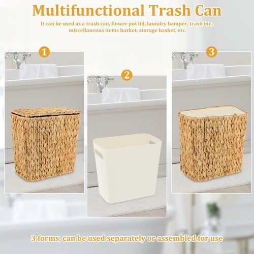 ZUNKNOD Wicker Trash Can with Lid and Liner, Handwoven Wicker Waste Basket, Water Hyacinth Bathroom Trash Can, Boho Rattan Garbage Wastebasket for Bedroom Home Living Room Office Kitchen, 2.5 Gallon