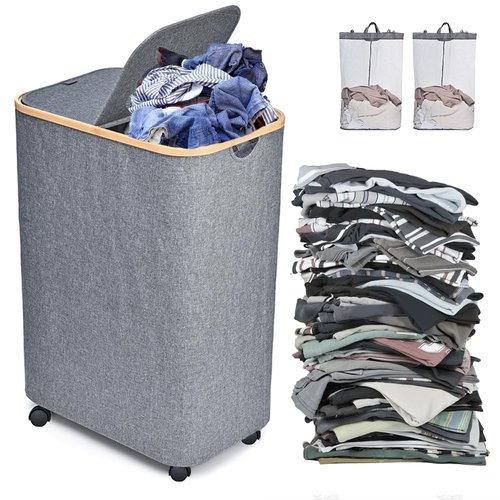 Large Laundry Hamper with Wheels | 144L Collapsible Laundry Basket with Removable Bag | Dirty Clothes Hamper with Lid for Bedroom, Bathroom | CarzyHome Double Rolling Laundry Basket with Handles, Grey
