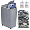 Large Laundry Hamper with Wheels | 144L Collapsible Laundry Basket with Removable Bag | Dirty Clothes Hamper with Lid for Bedroom, Bathroom | CarzyHome Double Rolling Laundry Basket with Handles, Grey