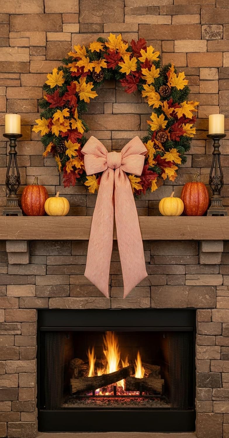 Orange Striped Wreath Sash - Fall Thanksgiving Bow for Door Decoration | 5.12" Wide x 54" Long