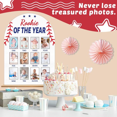Baseball First Year Photo Board Rookie of the Year Birthday Party Decoration Wooden Board 12 Monthly Milestone Picture Frame Sport 1st Birthday Banner for Babyboy Keepsake Gift Supply(Fit 2x2.8in Pic)