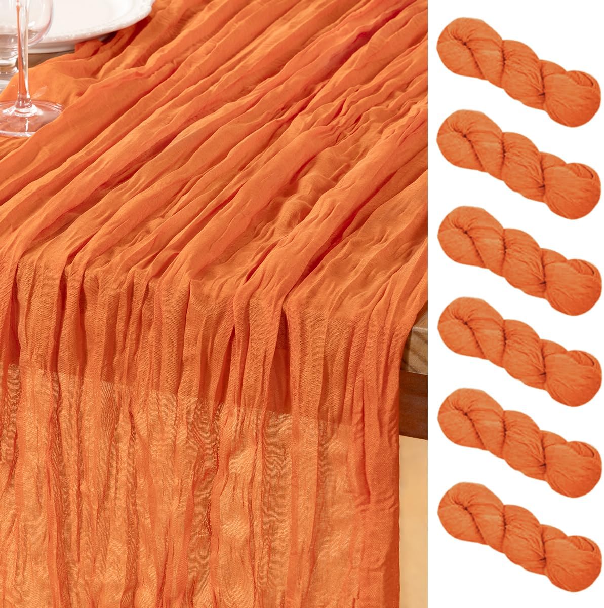 Skiennix Orange Cheesecloth Table Runner - 6 Pack Boho Gauze Decor for Weddings & Parties | 120 Inches
