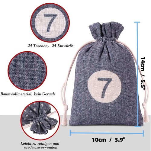 Christmas Advent Calendar Bags, 24 Days Countdown Calendar Burlap bags Hanging Advent Calendar Gift Favors for Xmas Decorations, Reusable Fabric Bags With Drawstring Closure(retro country style)