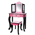 Teamson Kids Leopard Prints Wooden 2-pc. Play Vanity Set with Tri-Fold Mirror, Storage Drawer and Matching Stool to Play Dress-up, Princess or Beauty Shop, Black/Pink