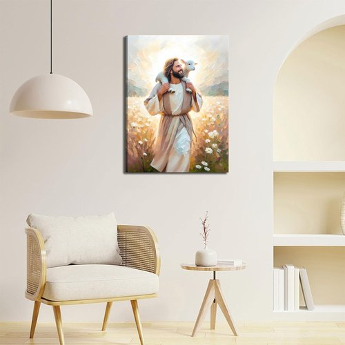 GKQNMU Jesus Carrying The Lamb Canvas Wall Art - Christ The Good Shepherd Decor | Ready To Hang for Living Room & Bedroom