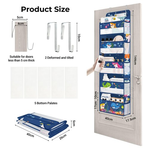 Clastyle Ocean Animals Over the Door Organizer Fish Nursery Hanging Storage Organizer for Kids Clothes Diaper Toy Closet Door Hanging Shelf Storage for Bedroom Bathroom Pantry, Shark, 5-Tier