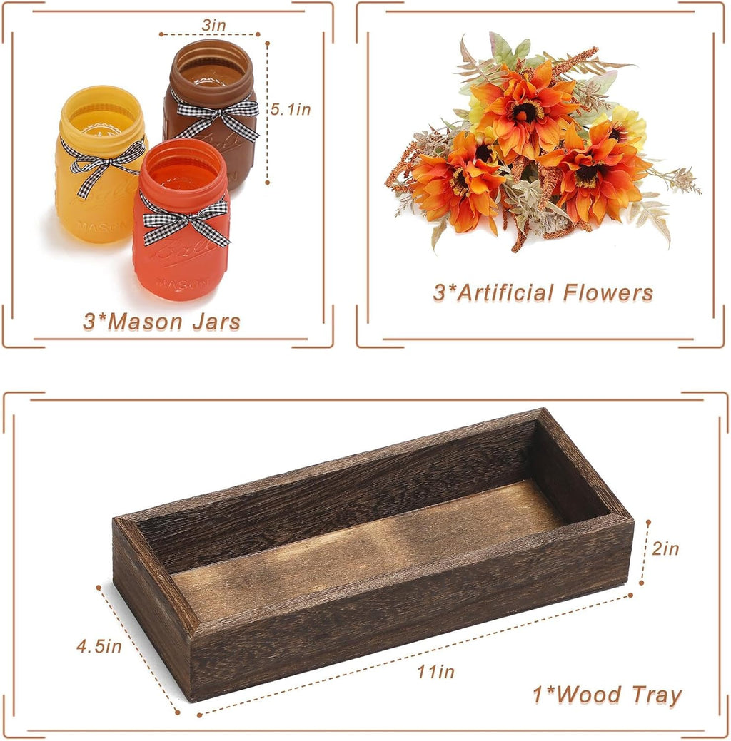 Skiennix Fall Mason Jar Centerpiece - Set of 3 Decorative Jars with Artificial Flowers for Thanksgiving Decor
