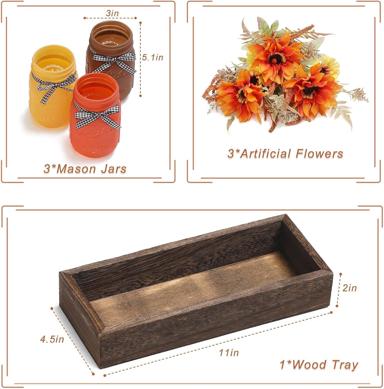 Skiennix Fall Mason Jar Centerpiece - Set of 3 Decorative Jars with Artificial Flowers for Thanksgiving Decor