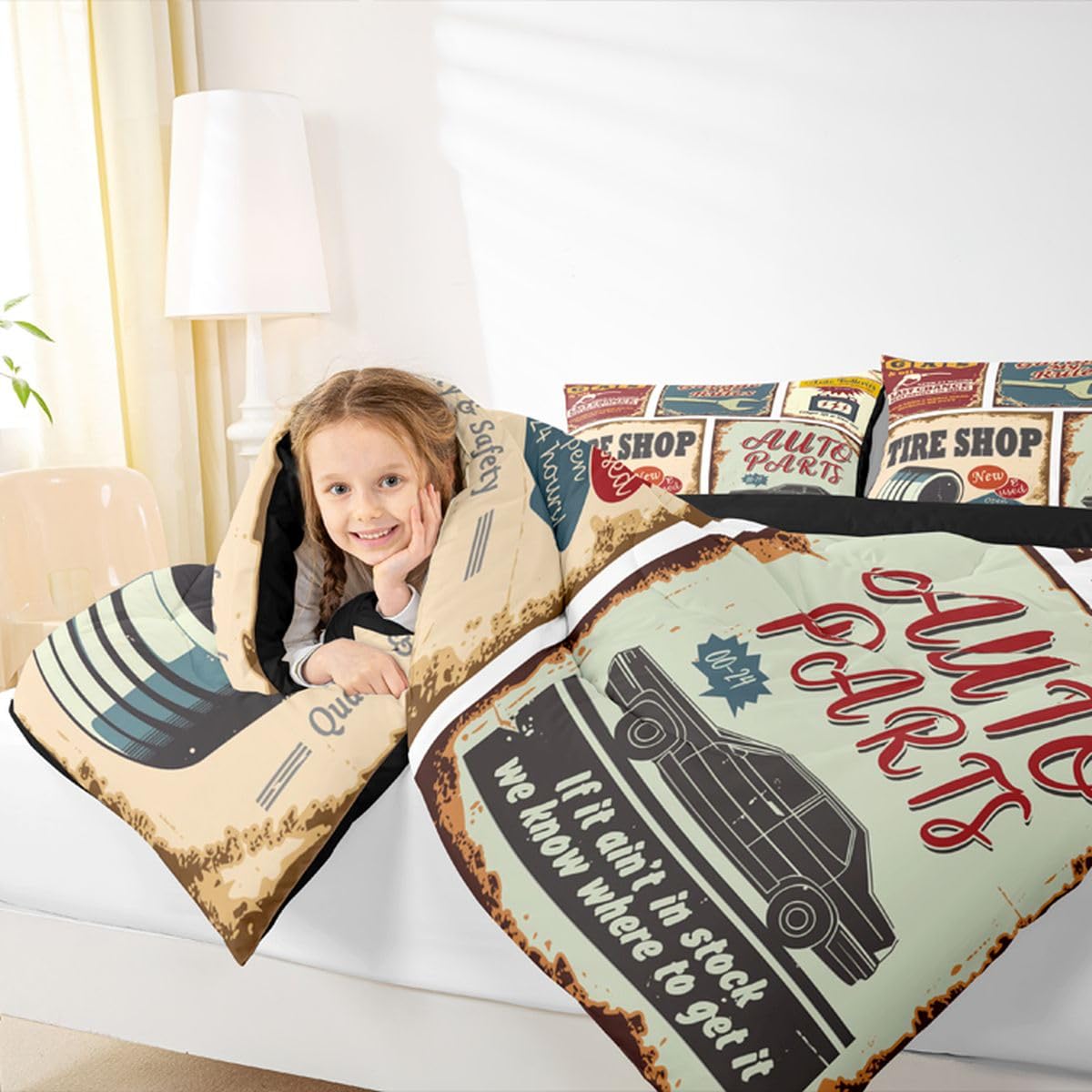 Vintage Car Signs Comforter Set For Boys, Automobile Pattern Down Comforter, Repair Vehicle Garage Bedding Set Full Size For Kids Girls Teens, Classics Servicing Duvet Insert Bedroom Decor