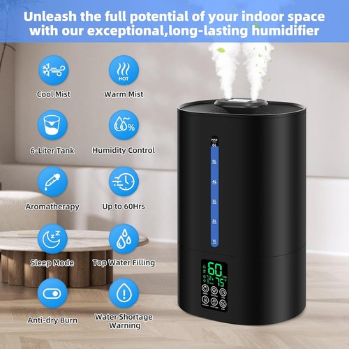 Coolfiqu 6L Humidifier - Versatile Cool & Warm Mist for Bedroom, Baby & Plants | Quiet, Adjustable, 360° Nozzle - Black (2026 Upgraded)