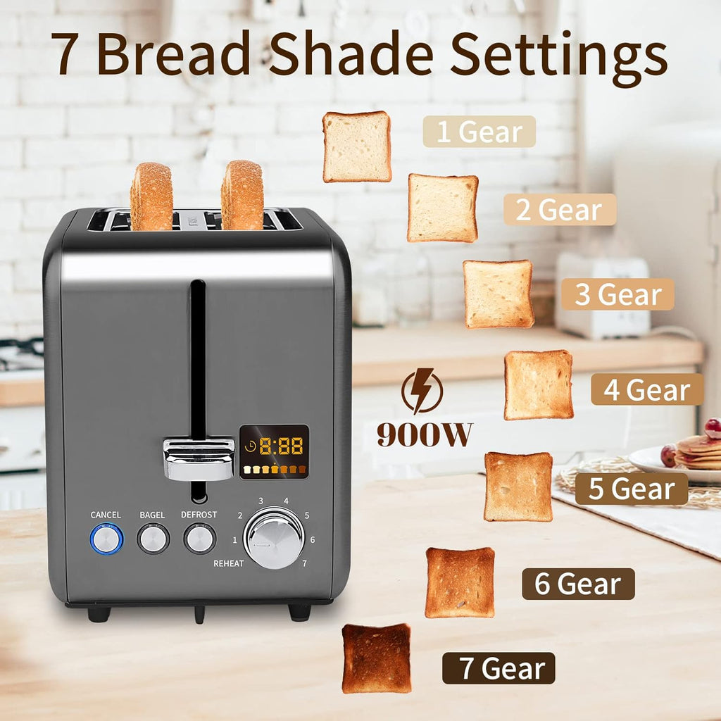 SEEDEEM 2-Slice Stainless Steel Toaster - LCD Display, 7 Shade Settings, 1.4'' Wide Slots, Dark Metallic