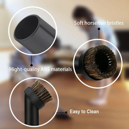 Vacuum Brush Horse Hair Vacuum Attachment Round Dust Brush with Universal Connector, 1.25 Inch Brush Replacement with 1.25 to 1.37 Inch Vacuum Hose Adapter Tool for Standard Hose