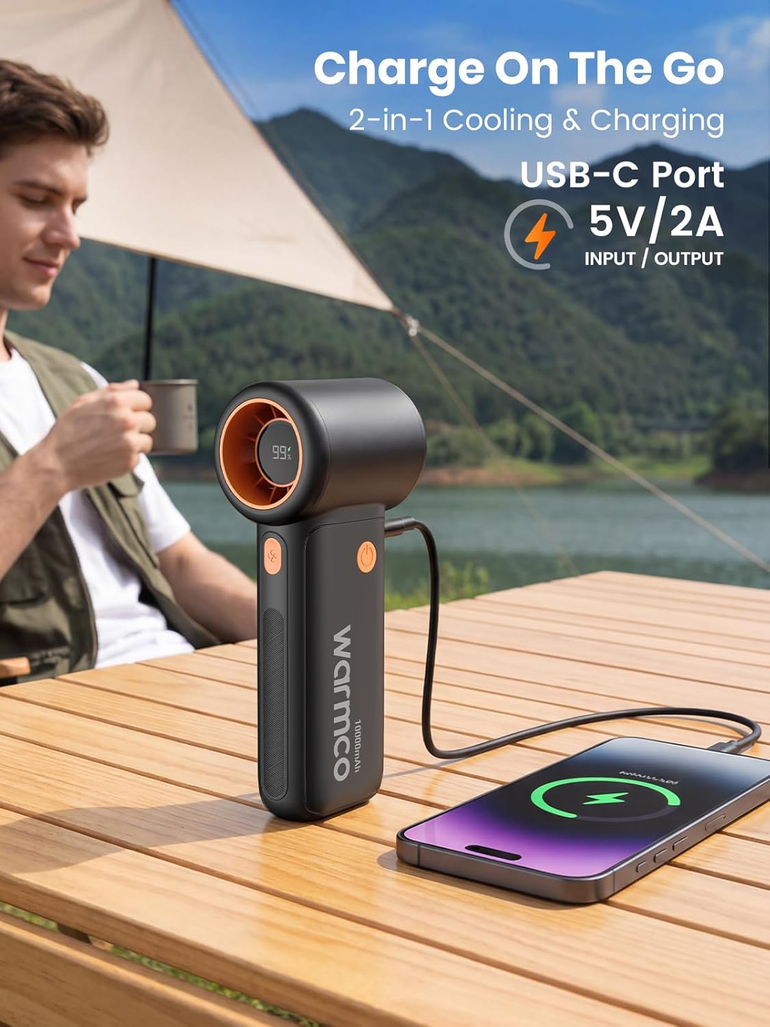 Warmco 10000mAh Turbo Portable Handheld Fan - 36H Runtime, USB Rechargeable, 5 Speeds & LED Display for Travel