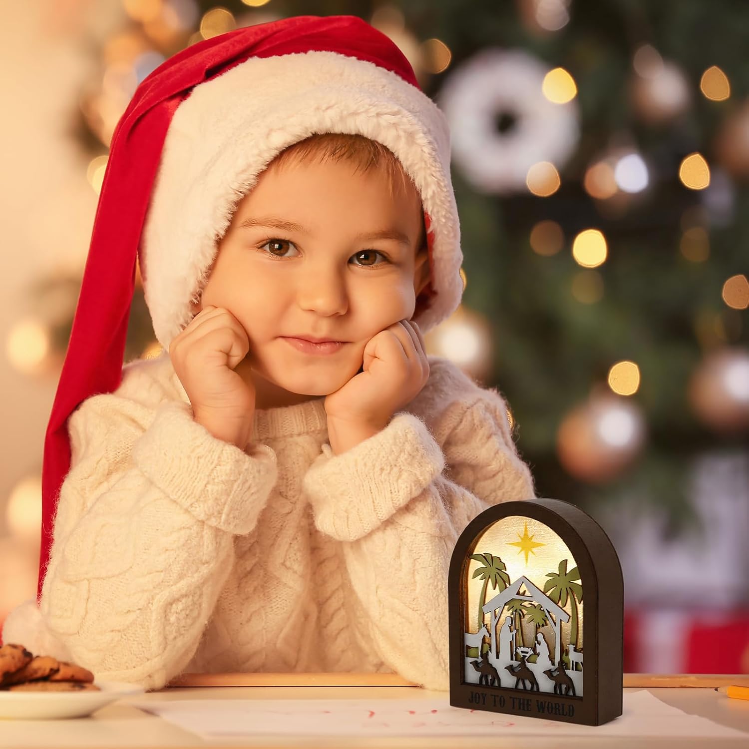 Wooden Nativity Scene | LED Christmas Decor with Acrylic Back Panel - Battery Powered Tabletop Ornament