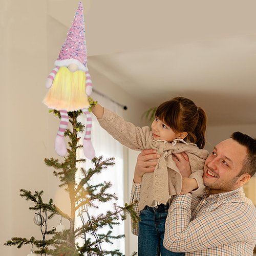 Christmas Tree Topper with Lights,Gnome Tree Topper Lighted Pink Tree Toppers Christmas Decorations Battery Operated Tree Topper with Timer 24.8 Inch