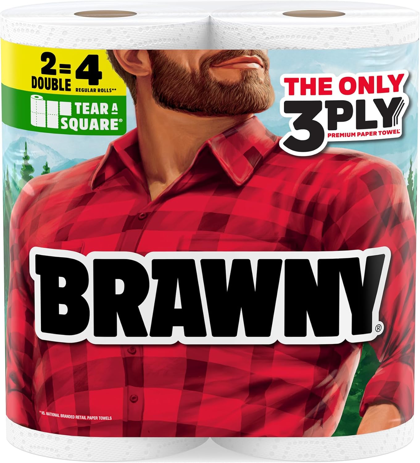 Brawny 3-Ply Tear-A-Square Paper Towels - Strong & Absorbent | 2 Double Rolls (4 Regular Rolls)