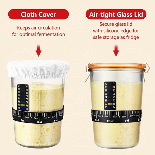 Sourdough Starter Kit, Sourdough Starter Jar Glass Wide Mouth, Sourdough Kit with Thicken Sourdough Glass Jar 27oz, Spatula, Thermometer, Cloth Cover, Feeding band, Sourdough Bread Baking Supplies