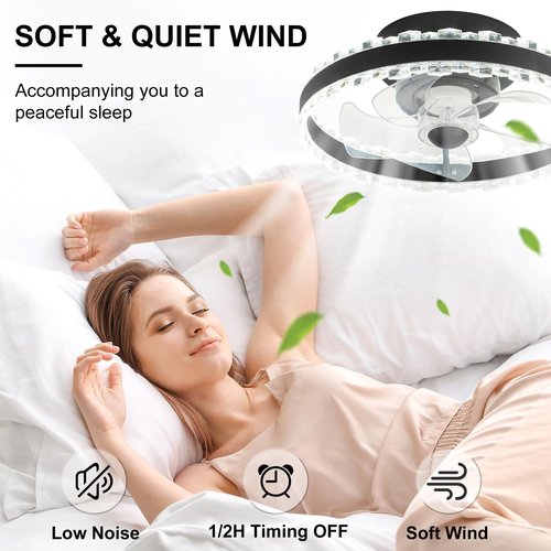 Soulfu 15.7" Low-Profile Ceiling Fan with Light and Remote - Bladeless Bedroom Fan, Stepless Dimmable, 6 Wind Speeds, Modern Style for Small Rooms