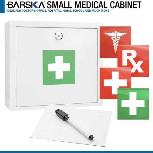 Barska Key Lock Wall Mount Small Security Magnet Erase Pad, Shelf, Stickers Medical Cabinet, White
