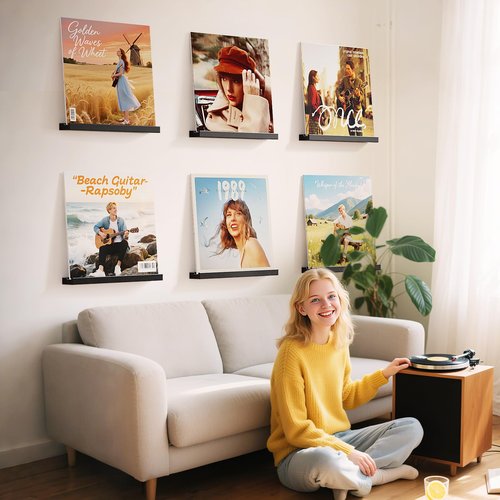 Emfogo Vinyl Record Shelf Wall Mount, 6 Pack Album Record Holder Wall, 12 inch Vinyl Record Storage Shelves Wall, Wood Record Display for Living Room(Black)